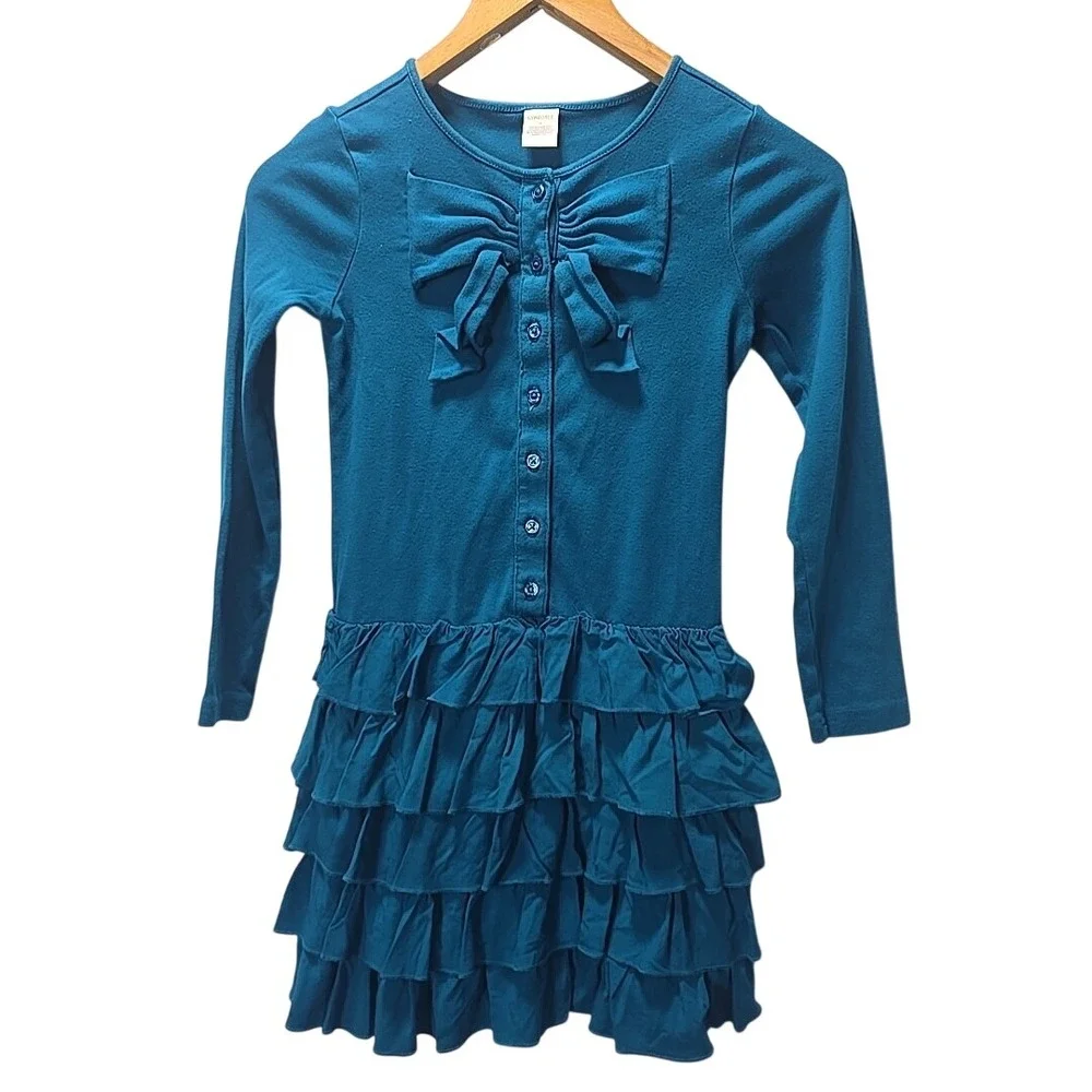 Gymboree‎ Ruffle Tiered Dress Girls 8 Teal Blue Bow Long Sleeve Preppy Coquette